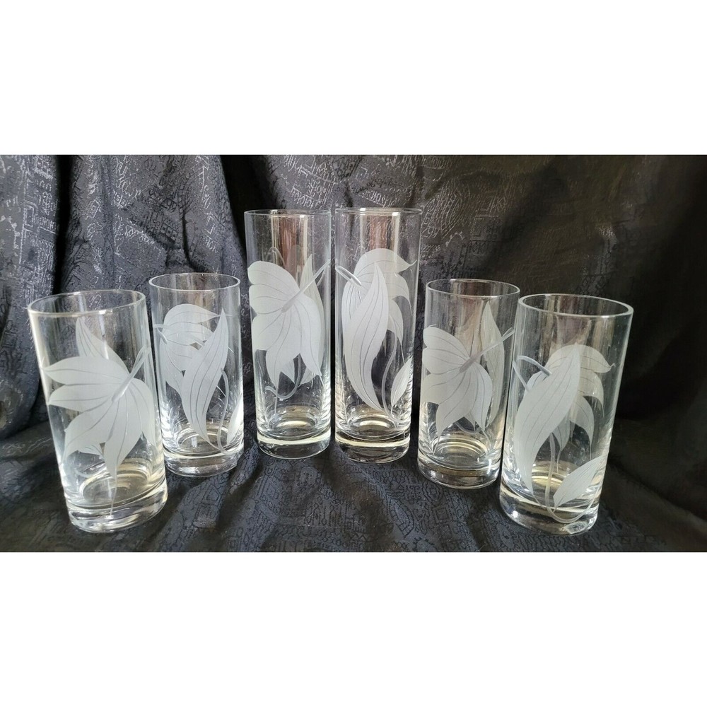 Vintage 1940's McBride Cameo Frosted Leaf Clear 7" & 5" Highball Tumblers, 6pcs